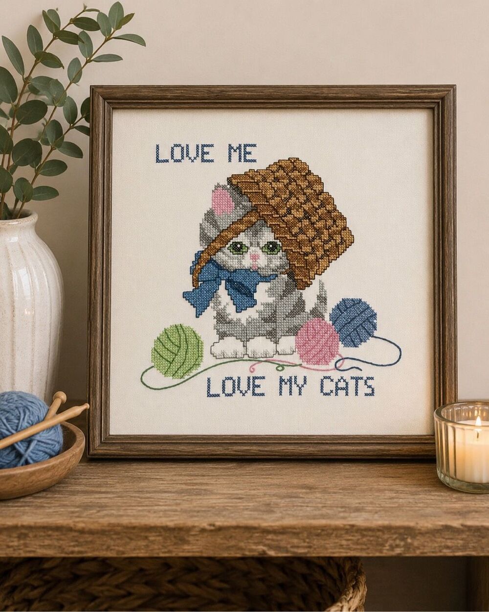 Cross Stitch Love Me Love My Cat In Yarn Basket Handmade Custom Framed Art Knit